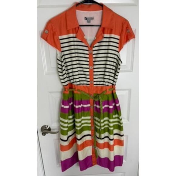 Leslie Fay Multicolor Striped Button-Front Belted Shirt Dress Size 14 - Picture 1 of 5